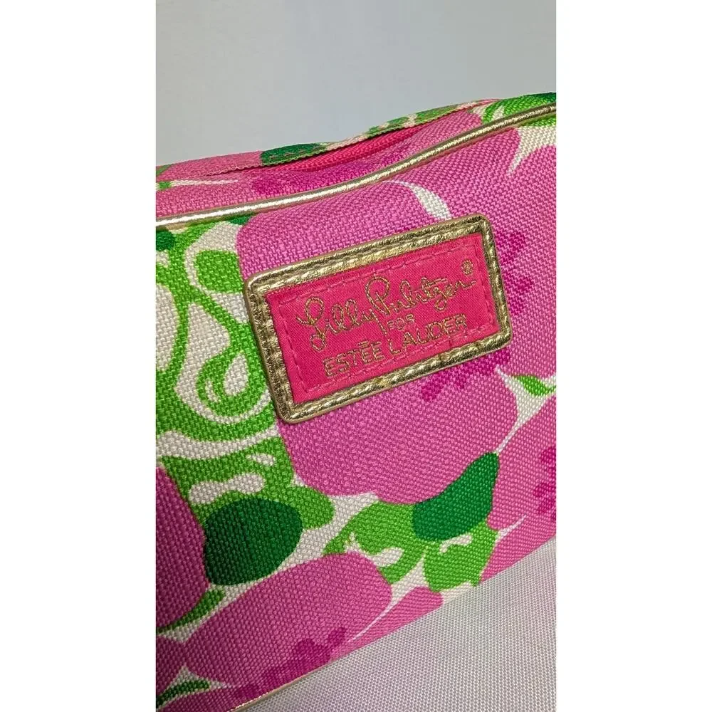 Lilly Pulitzer Estee Lauder Zipper Cosmetic Case Bag Pouch Pink Green Floral